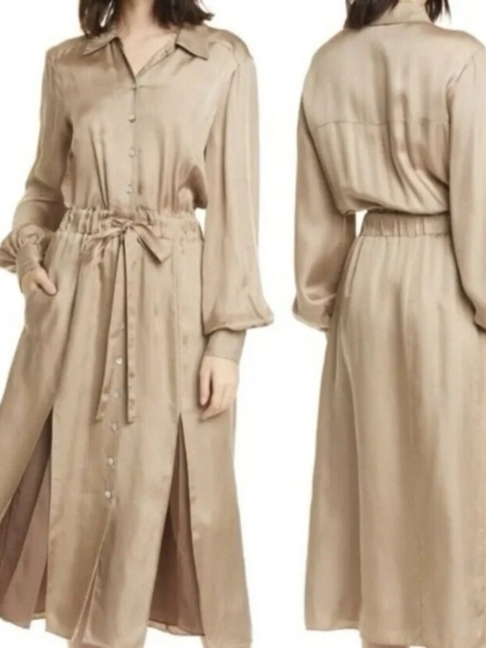 Cinq a Sept 5 a 7 Joyce Button Front Midi Shirt Dress Pockets Pewter Size 0